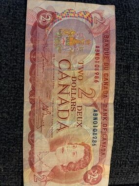Vintage Canada Two Dollar Bill - Red and Cream